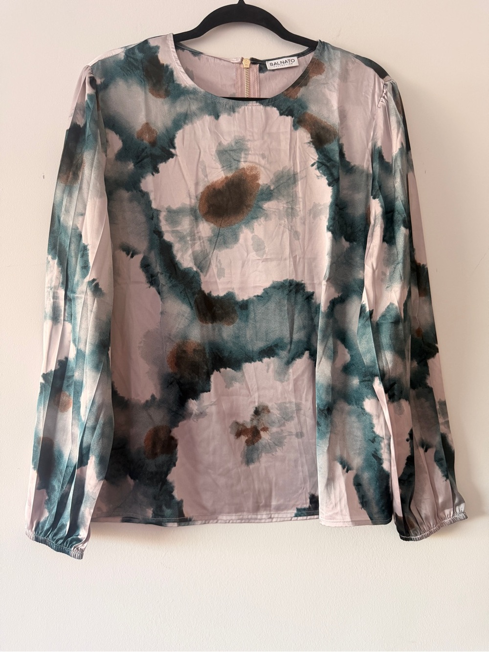 Womens Top Faux Silk Long Sleeve Gold Zipper Watercolor Abstract Print Career XL